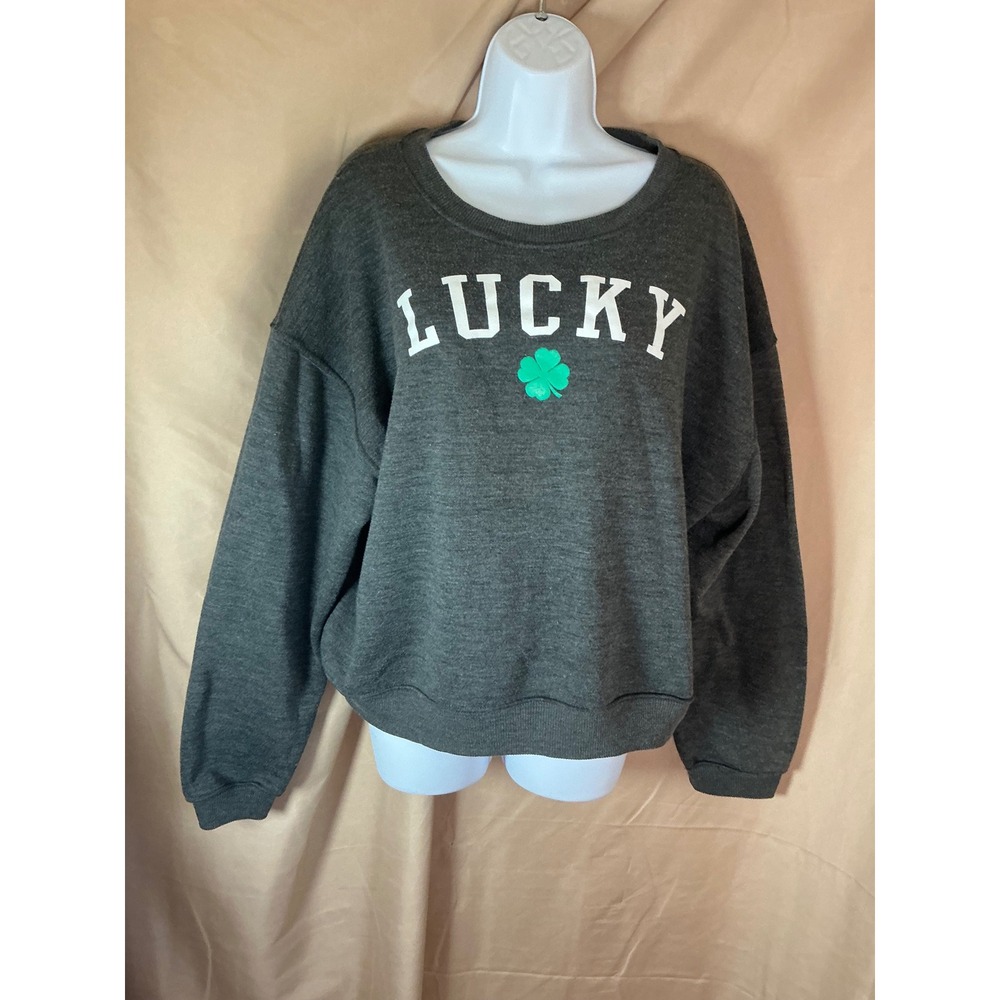 Modern Lux Sweatshirt Womens XXL Grey Excellent Lucky Shamrock Graphic Pullover